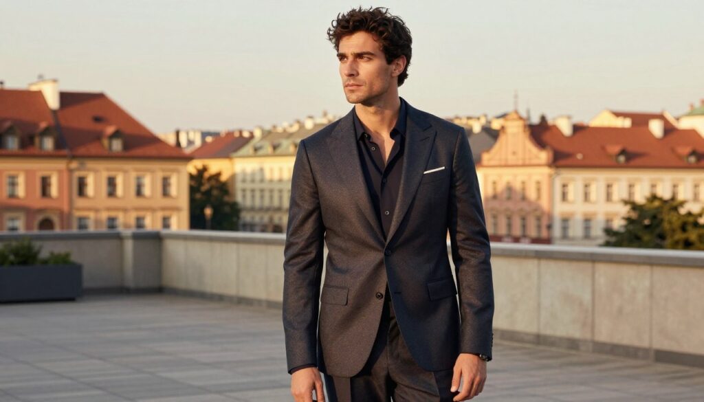 A stylish Italian man, Paolo Cozza, stands confidently in a modern urban setting that reflects his connection to Poland. He wears a well-tailored suit with subtle fashion-forward details, embodying a blend of contemporary elegance and classic charm. In the foreground, he poses with a thoughtful expression, conveying a sense of purpose. The middle ground features elements of Polish culture, such as traditional architecture or subtle references to local fashion, that surround him and enhance the image's context. The background showcases a vibrant cityscape, bathed in warm, golden hour lighting that creates a welcoming and inspiring atmosphere. The scene captures the essence of his life and work, illustrating his commitment to both fashion and his adopted home.