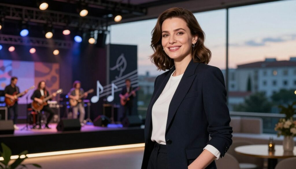 A stylish and modern portrait of Tatiana Okupnik, showcasing her as a confident female singer in her thirties. She stands in a well-lit urban setting that reflects her career journey, with elements hinting at her past with Blue Café and current solo endeavors. In the foreground, Tatiana is dressed in a chic, professional outfit, smiling warmly as she looks towards the camera. The middle ground features blurred images of concert stages and music notes, symbolizing her musical achievements. The background includes a serene cityscape, representing her current home life, with soft lighting at dusk to create an inviting and inspiring atmosphere. The angle captures her in a natural yet powerful pose, evoking a sense of professionalism and creativity. A stylish and modern portrait of Tatiana Okupnik, showcasing her as a confident female singer in her thirties. She stands in a well-lit urban setting that reflects her career journey, with elements hinting at her past with Blue Café and current solo endeavors. In the foreground, Tatiana is dressed in a chic, professional outfit, smiling warmly as she looks towards the camera. The middle ground features blurred images of concert stages and music notes, symbolizing her musical achievements. The background includes a serene cityscape, representing her current home life, with soft lighting at dusk to create an inviting and inspiring atmosphere. The angle captures her in a natural yet powerful pose, evoking a sense of professionalism and creativity.