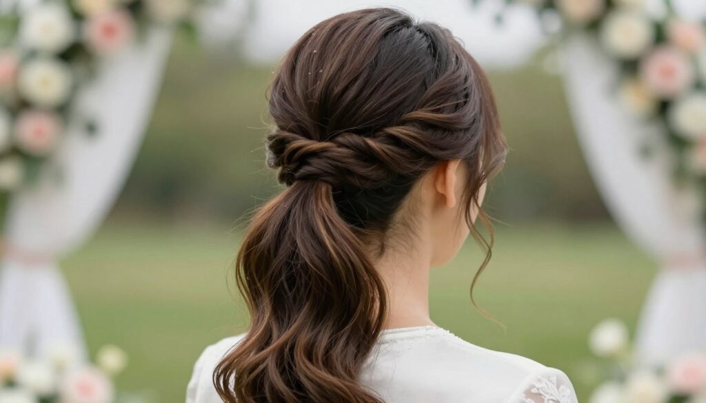 A stylish wedding ponytail hairstyle, elegantly secured at the back of the head with soft, flowing tendrils framing the face. The ponytail should exhibit a sleek appearance at the base, transitioning into gentle, cascading waves that evoke both sophistication and movement. In the foreground, a close-up of the hairstyle showcases intricate detailing and texture, with highlights that catch the light. The background features a dreamy outdoor wedding setting, adorned with delicate floral arrangements and soft, natural lighting, enhancing the romantic atmosphere. The overall mood is celebratory and refined, perfect for a wedding, emphasizing elegance while being practical for dancing and various weather conditions.