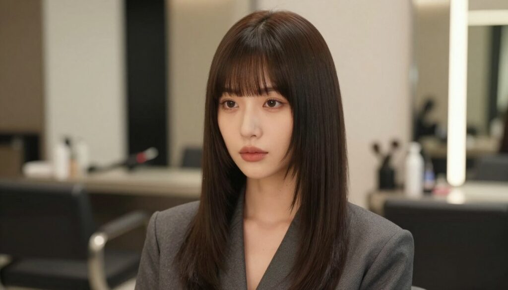 A stylish young woman with a heart-shaped face showcases a fashionable straight fringe, or "grzywka," in an elegant setting. She is dressed in a chic, professional outfit, embodying sophistication and confidence. In the foreground, the woman has soft, natural makeup, highlighting her features. The background features a softly blurred modern salon interior, with warm lighting enhancing the mood. A large mirror reflects subtle elements of hair styling tools, creating an inviting atmosphere. The focus is on her face and hair, captured with a shallow depth of field, showcasing the harmony between her hairstyle and facial structure. The overall composition conveys a sense of elegance and the importance of an ideal haircut tailored to one's face shape.