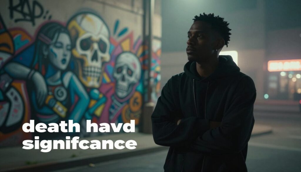 A thought-provoking scene illustrating the concept of "death having significance" in rap culture. In the foreground, a silhouette of a pensive young rapper, dressed in modest casual clothing, stands with arms crossed, deep in thought. His expression is contemplative, conveying the weight of the subject. In the middle ground, urban graffiti art depicting abstract representations of life, death, and legacy serves as a backdrop, enhancing the theme. The background features a dimly lit cityscape, with soft neon lights casting an ethereal glow, symbolizing the duality of life and the rap genre. The overall atmosphere is reflective and moody, with a slight mist lingering in the air, emphasizing the gravity of the discussion and the cultural relevance of the topic.