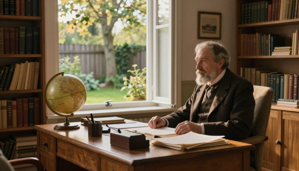 A tranquil and private home setting that reflects the life of Bogusław Wołoszański, a historian and television producer. In the foreground, a cozy study with wooden shelves filled with historical books, a large oak desk cluttered with papers, and a vintage globe. A comfortable armchair is positioned near a window, through which warm, soft afternoon sunlight streams in, creating a serene and focused atmosphere. In the middle ground, a lush garden is visible, providing a sense of seclusion. The background features low-hanging trees and a rustic fence, emphasizing privacy. The overall mood is inviting and contemplative, capturing the essence of a private life dedicated to history and family, showcasing a blend of work and personal reflection, with a soft focus that enhances the peaceful ambiance.