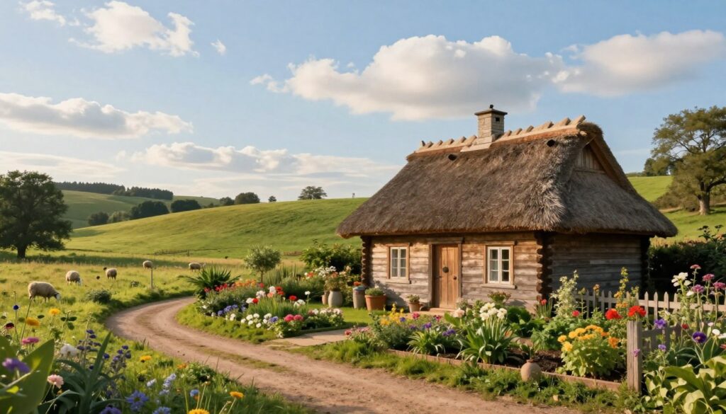 A tranquil rural scene depicting a serene village life inspired by the idea of peace and everyday existence. In the foreground, a modest wooden cottage with a thatched roof is surrounded by a flourishing garden filled with colorful flowers and lush greenery. A well-tended dirt path leads to the cottage. In the middle ground, a peaceful meadow stretches out, with gentle rolling hills and a few grazing sheep. The background features a tranquil blue sky adorned with fluffy white clouds and distant trees. The lighting is soft and warm, suggesting late afternoon sun, casting gentle shadows and creating an inviting atmosphere. The overall mood is calm and idyllic, reflecting a sense of simplicity and harmony with nature, embodying the essence of a quiet village life.