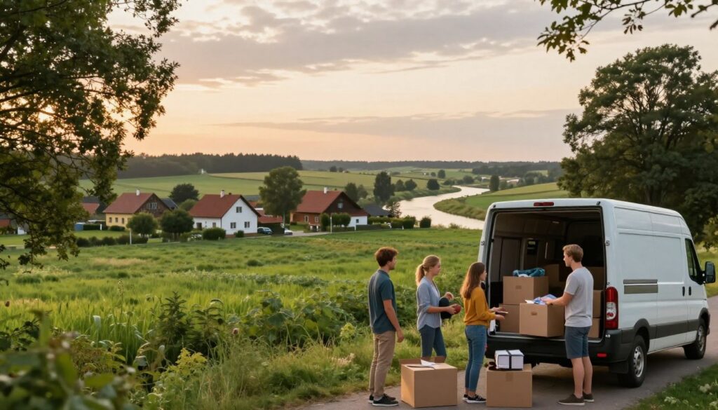 A tranquil scene depicting the scenic region of Pomorze during a relocation event. In the foreground, a cheerful family, dressed in modest casual clothing, is unpacking their belongings from a moving truck, revealing cardboard boxes and personal items. The middle ground features lush green fields and quaint houses, embodying the charm of Pomorze. Tall trees line the edges, while a gentle river winds through the landscape. In the background, the sky is painted with warm, golden light of dawn, casting a soft glow over the entire scene, suggesting a sense of new beginnings and serenity. The overall mood is uplifting and hopeful, emphasizing the concept of relocation while maintaining an air of privacy and introspection. A tranquil scene depicting the scenic region of Pomorze during a relocation event. In the foreground, a cheerful family, dressed in modest casual clothing, is unpacking their belongings from a moving truck, revealing cardboard boxes and personal items. The middle ground features lush green fields and quaint houses, embodying the charm of Pomorze. Tall trees line the edges, while a gentle river winds through the landscape. In the background, the sky is painted with warm, golden light of dawn, casting a soft glow over the entire scene, suggesting a sense of new beginnings and serenity. The overall mood is uplifting and hopeful, emphasizing the concept of relocation while maintaining an air of privacy and introspection.