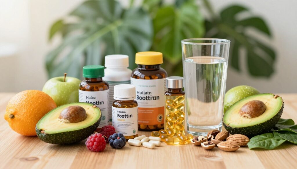 A vibrant and healthy assortment of hair-boosting foods, artfully arranged on a wooden table. In the foreground, a selection of colorful fruits and vegetables, like avocados, berries, spinach, and nuts, symbolize essential vitamins and nutrients for hair growth. The middle features a well-organized collection of dietary supplements, like biotin and omega-3 capsules, elegantly placed beside a clear glass of water, reflecting natural light. The background softly blurs, showcasing a lush green plant, hinting at a natural environment. The warm, bright lighting creates an inviting and optimistic atmosphere, embodying the theme of health and vitality. The composition is balanced and pleasing to the eye, perfect for enhancing an informative article. A vibrant and healthy assortment of hair-boosting foods, artfully arranged on a wooden table. In the foreground, a selection of colorful fruits and vegetables, like avocados, berries, spinach, and nuts, symbolize essential vitamins and nutrients for hair growth. The middle features a well-organized collection of dietary supplements, like biotin and omega-3 capsules, elegantly placed beside a clear glass of water, reflecting natural light. The background softly blurs, showcasing a lush green plant, hinting at a natural environment. The warm, bright lighting creates an inviting and optimistic atmosphere, embodying the theme of health and vitality. The composition is balanced and pleasing to the eye, perfect for enhancing an informative article.