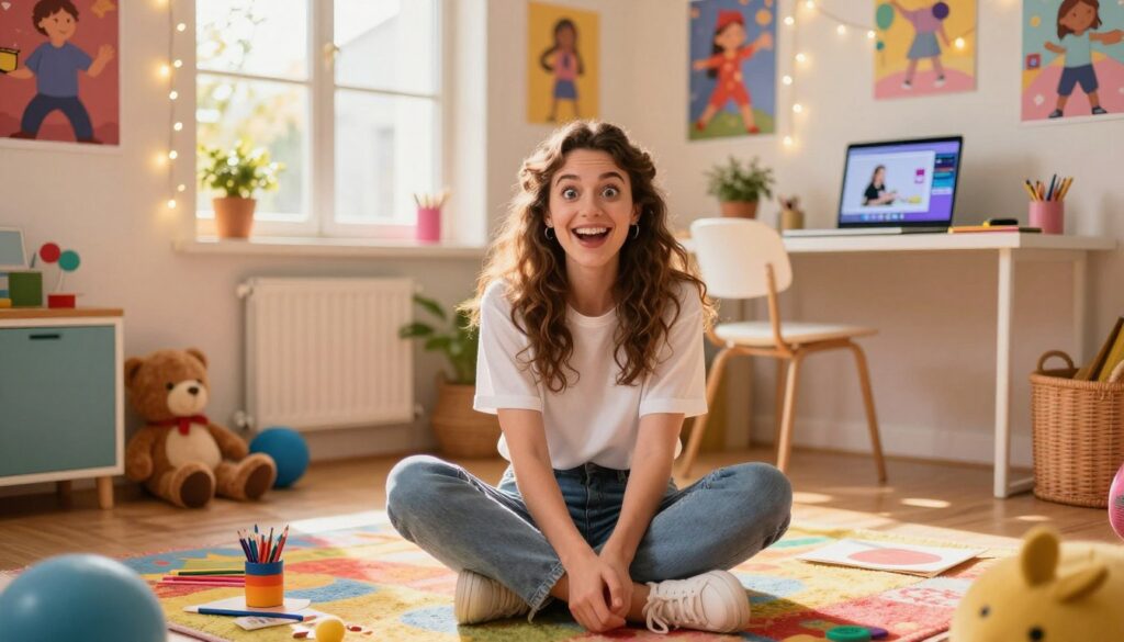 A vibrant and lively scene depicting Werka Aferka, a popular influencer known for her engaging content aimed at children and teenagers. In the foreground, a cheerful young woman with bright, expressive eyes and a stylish, modest outfit sits cross-legged on a colorful rug surrounded by playful, whimsical elements like plush toys and art supplies. In the middle ground, the room is filled with fairy lights, posters of popular culture, and a sleek desk with a laptop displaying creative content. In the background, a large window lets in warm, golden sunlight, creating a cozy and inviting atmosphere. The overall mood is fun, friendly, and inspiring, capturing the curiosity and excitement she inspires in her young audience. Use a soft focus lens effect to enhance the warmth and charm of the scene. A vibrant and lively scene depicting Werka Aferka, a popular influencer known for her engaging content aimed at children and teenagers. In the foreground, a cheerful young woman with bright, expressive eyes and a stylish, modest outfit sits cross-legged on a colorful rug surrounded by playful, whimsical elements like plush toys and art supplies. In the middle ground, the room is filled with fairy lights, posters of popular culture, and a sleek desk with a laptop displaying creative content. In the background, a large window lets in warm, golden sunlight, creating a cozy and inviting atmosphere. The overall mood is fun, friendly, and inspiring, capturing the curiosity and excitement she inspires in her young audience. Use a soft focus lens effect to enhance the warmth and charm of the scene.