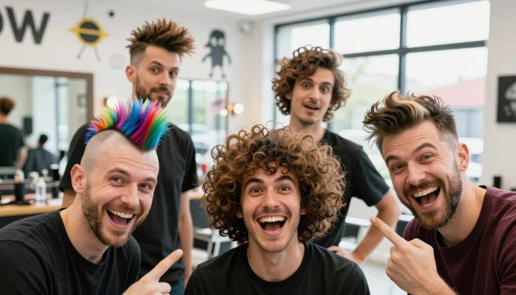 A vibrant and playful scene showcasing a group of men with funny, bold hairstyles that evoke a strong “wow” effect. In the foreground, three men with unique hairstyles—one with a colorful mohawk, another with exaggerated curls, and a third sporting an asymmetrical cut—are laughing and posing confidently. In the middle ground, a stylish barbershop setting with modern decor and playful illustrations on the walls. The background features bright, natural lighting streaming through large windows, creating an inviting and energetic atmosphere. The camera angle is slightly low, emphasizing the humor and creativity of the hairstyles. The mood is light-hearted and fun, capturing the essence of adventurous male grooming choices. A vibrant and playful scene showcasing a group of men with funny, bold hairstyles that evoke a strong “wow” effect. In the foreground, three men with unique hairstyles—one with a colorful mohawk, another with exaggerated curls, and a third sporting an asymmetrical cut—are laughing and posing confidently. In the middle ground, a stylish barbershop setting with modern decor and playful illustrations on the walls. The background features bright, natural lighting streaming through large windows, creating an inviting and energetic atmosphere. The camera angle is slightly low, emphasizing the humor and creativity of the hairstyles. The mood is light-hearted and fun, capturing the essence of adventurous male grooming choices.