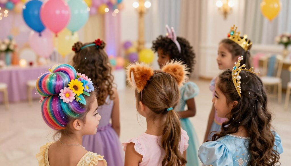 A vibrant and whimsical scene showcasing a variety of playful and imaginative hairstyles suitable for children attending a ball or themed party. In the foreground, feature three children of diverse backgrounds, each sporting unique hairstyles inspired by characters, animals, and fantasy themes. One child has a colorful, fairy-like hairdo adorned with flowers and sparkles, while another has a quirky animal-inspired style with fluffy ears and a tail. The third child sports a regal hairstyle resembling a prince or princess, embellished with shining accessories. In the middle ground, a festive party atmosphere is created with colorful decorations, balloons, and twinkling lights. The background features a soft-focus view of an elegantly designed hall, enhancing the celebratory mood. Use bright, cheerful lighting to evoke a sense of joy and creativity, shot from a slightly elevated angle to capture the essence of fun and play.