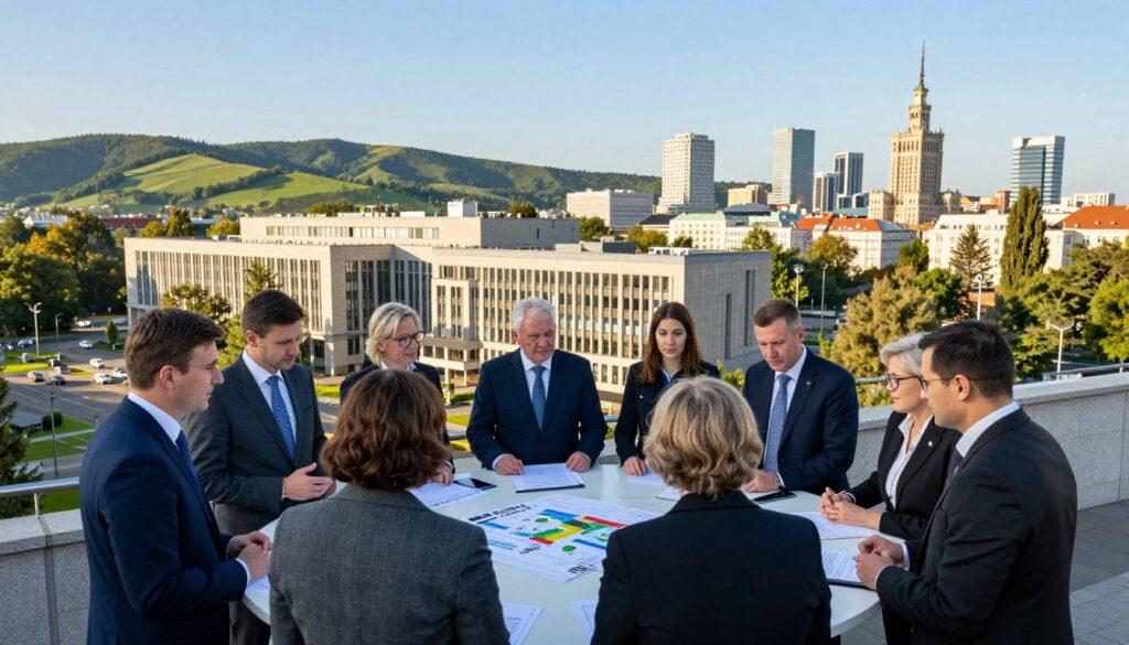 A vibrant cityscape of Mazowsze, showcasing elements of local governance and community engagement. In the foreground, a diverse group of professionals in business attire gathers around a modern round table, discussing plans and charts related to local policy. The middle ground features a contemporary government building, symbolizing the region's commitment to democratic processes. In the background, rolling green hills and the iconic Warsaw skyline create a picturesque view, illuminated by warm afternoon sunlight, casting gentle shadows. The atmosphere is one of collaboration and progress, with a clear blue sky overhead, emphasizing the optimism and determination of local leaders in shaping their community’s future. The composition should reflect a balance between nature and urban development, embodying Mazowsze's unique spirit.