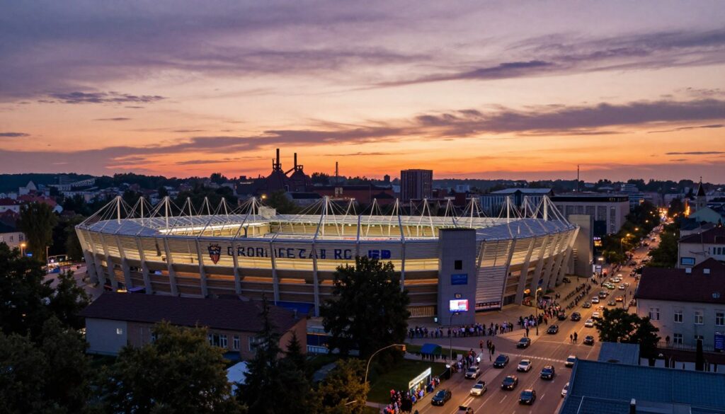 A vibrant cityscape of Zabrze, Poland, showcasing the iconic Górnik Zabrze football stadium in the foreground, illuminated by soft evening light that casts warm tones. The middle ground features busy streets filled with fans wearing Górnik Zabrze colors, creating a sense of community and passion for the sport. In the background, the silhouette of industrial buildings typical of the Silesian region, with a dramatic sunset casting hues of orange and purple in the sky. The image should evoke a feeling of nostalgia and pride, highlighting the strong ties between the city and the football culture. Use a wide-angle lens to capture the lively atmosphere, ensuring a dynamic composition that draws the viewer's eye to the stadium. No text or captions included.