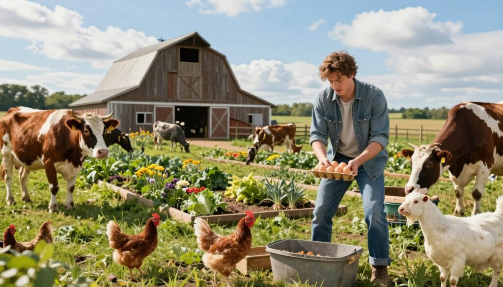 A vibrant farm scene depicting a lively rural environment, featuring green fields, a rustic barn in the background, and a variety of farm animals like cows, chickens, and goats. In the foreground, a participant from the show is engaging in daily chores, dressed in modest casual clothing, such as jeans and a simple shirt. They are gathering eggs, with a look of focused determination on their face, embodying the pressure of daily farm life. The mid-ground showcases a well-maintained garden with vegetables and flowers, while the sky above is bright blue with a few fluffy clouds. The lighting is warm, giving a welcoming glow to the scene, and the angle is slightly elevated, providing a sense of depth and activity. The overall mood is dynamic and vibrant, highlighting the intense but rewarding rhythm of farm life. A vibrant farm scene depicting a lively rural environment, featuring green fields, a rustic barn in the background, and a variety of farm animals like cows, chickens, and goats. In the foreground, a participant from the show is engaging in daily chores, dressed in modest casual clothing, such as jeans and a simple shirt. They are gathering eggs, with a look of focused determination on their face, embodying the pressure of daily farm life. The mid-ground showcases a well-maintained garden with vegetables and flowers, while the sky above is bright blue with a few fluffy clouds. The lighting is warm, giving a welcoming glow to the scene, and the angle is slightly elevated, providing a sense of depth and activity. The overall mood is dynamic and vibrant, highlighting the intense but rewarding rhythm of farm life.