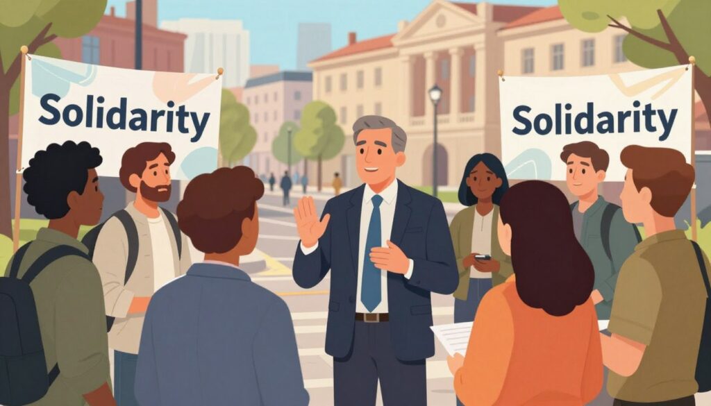 A vibrant illustration depicting the activities of the "Solidarity" movement, featuring a diverse group of people engaged in community organizing and discussions. In the foreground, a middle-aged man in a professional suit passionately converses with several individuals, who are dressed in business casual attire, showcasing unity and collaboration. The middle section includes banners and posters with abstract designs symbolizing solidarity and social justice. The background shows an urban landscape, with historical buildings representing the legacy of the movement. Soft natural lighting enhances the scene, creating an optimistic atmosphere. The angle captures the camaraderie and determination of the group, emphasizing their commitment to ongoing social change. A vibrant illustration depicting the activities of the "Solidarity" movement, featuring a diverse group of people engaged in community organizing and discussions. In the foreground, a middle-aged man in a professional suit passionately converses with several individuals, who are dressed in business casual attire, showcasing unity and collaboration. The middle section includes banners and posters with abstract designs symbolizing solidarity and social justice. The background shows an urban landscape, with historical buildings representing the legacy of the movement. Soft natural lighting enhances the scene, creating an optimistic atmosphere. The angle captures the camaraderie and determination of the group, emphasizing their commitment to ongoing social change.