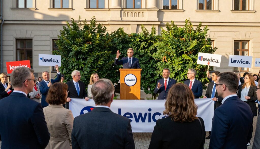 A vibrant political rally scene that embodies the spirit of "lewicy." In the foreground, a diverse group of individuals, dressed in professional business attire, are passionately engaging with each other, holding banners and signs symbolizing progressive values. In the middle ground, a podium adorned with the "Lewica" logo stands prominently, flanked by lush greenery representing growth and unity. The background features a historic building, symbolizing political heritage, bathed in warm afternoon light that casts soft shadows, creating an inviting and hopeful atmosphere. The scene conveys a sense of camaraderie and forward momentum, enhancing the visual representation of the evolution from SLD to Nowa Lewica. The angle is slightly elevated, capturing both the energy of the crowd and the significance of the location.