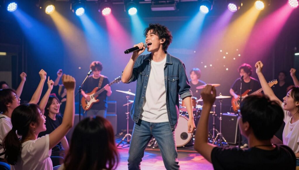 A vibrant scene depicting a lively music performance on stage featuring a charismatic male singer in stylish casual attire, exuding energy and passion. He is holding a microphone, singing intensely to a captivated audience. Bright stage lights cast colorful illuminations across the scene, with glowing hues of blue, pink, and yellow creating a festive atmosphere. In the foreground, ecstatic fans cheer and dance, while in the middle-ground, the lead singer stands confidently, surrounded by a dynamic band with instruments like guitars and drums. Soft bokeh effects in the background highlight the concert venue, enhancing the sense of a celebratory music environment. The lighting is dramatic, focusing on the performer yet ensuring the audience is visible, all creating a joyful, spirited mood.