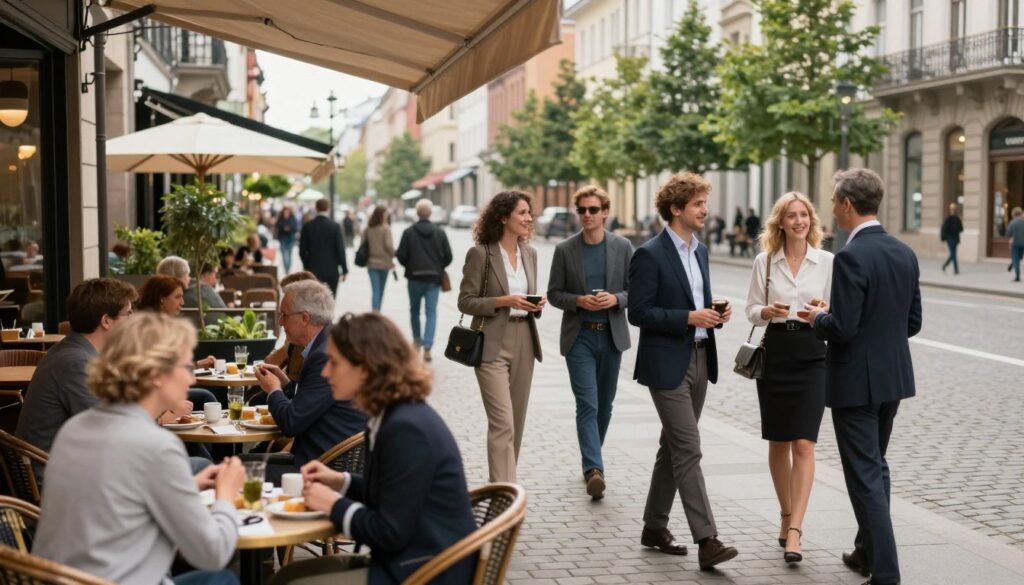 A vibrant scene depicting a stylish European city street in the foreground, with a charming café terrace filled with well-dressed patrons enjoying their meals. In the middle ground, fashionable individuals, portrayed in professional attire and modest casual clothing, are engaging in cheerful conversation, exuding a sense of community and warmth. The background features iconic European architecture, neatly lined cobblestone streets, and lush greenery, all under soft, diffused daylight suggesting a pleasant afternoon. The atmosphere is inviting and lively, capturing the essence of "Europa da się lubić". The composition should have a slightly elevated angle, with a focus on the interaction of people, to emphasize the vibrant social aspect of European culture, while maintaining a professional and polished aesthetic.