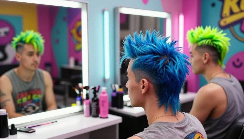 A vibrant, stylized hair salon scene showcasing a variety of men with bold hairstyles featuring colorful hair and neon streaks. In the foreground, capture a young man with electric blue hair, playfully styled into spikes, wearing a casual graphic tee. Beside him, another man sports a bright green mohawk, accented with neon highlights, dressed in a casual tank top. In the middle ground, a sleek salon mirror reflects eclectic hair color palettes arranged neatly. The background features bright neon lights, creating a lively atmosphere, with a playful pop art aesthetic. Use soft, diffused lighting to enhance the colors, and shoot from a slight low angle to create an engaging perspective. The overall mood is fun, adventurous, and slightly humorous, inviting viewers to embrace creative self-expression with a lighthearted approach. A vibrant, stylized hair salon scene showcasing a variety of men with bold hairstyles featuring colorful hair and neon streaks. In the foreground, capture a young man with electric blue hair, playfully styled into spikes, wearing a casual graphic tee. Beside him, another man sports a bright green mohawk, accented with neon highlights, dressed in a casual tank top. In the middle ground, a sleek salon mirror reflects eclectic hair color palettes arranged neatly. The background features bright neon lights, creating a lively atmosphere, with a playful pop art aesthetic. Use soft, diffused lighting to enhance the colors, and shoot from a slight low angle to create an engaging perspective. The overall mood is fun, adventurous, and slightly humorous, inviting viewers to embrace creative self-expression with a lighthearted approach.