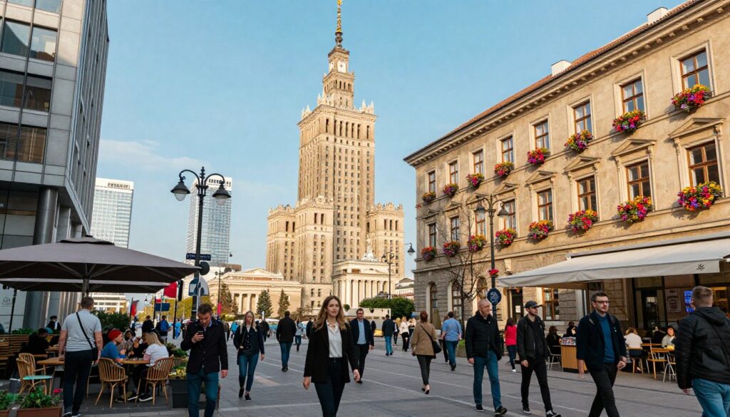 A vibrant urban scene capturing the dynamic rush of Warsaw, with a blend of modern and historical architecture. In the foreground, a bustling street filled with people dressed in smart casual attire, showcasing the city's lively atmosphere. The middle ground features a mixture of contemporary cafes and traditional Polish buildings, with colorful flowers in window boxes providing a touch of warmth. In the background, the iconic Palace of Culture and Science towers against a clear blue sky, emphasizing the contrast between old and new. Soft, warm sunlight filters through the scene, creating a lively yet inviting mood. The angle is slightly elevated, providing perspective on the bustling life below, inviting viewers to feel the pulse of the city. A vibrant urban scene capturing the dynamic rush of Warsaw, with a blend of modern and historical architecture. In the foreground, a bustling street filled with people dressed in smart casual attire, showcasing the city's lively atmosphere. The middle ground features a mixture of contemporary cafes and traditional Polish buildings, with colorful flowers in window boxes providing a touch of warmth. In the background, the iconic Palace of Culture and Science towers against a clear blue sky, emphasizing the contrast between old and new. Soft, warm sunlight filters through the scene, creating a lively yet inviting mood. The angle is slightly elevated, providing perspective on the bustling life below, inviting viewers to feel the pulse of the city.