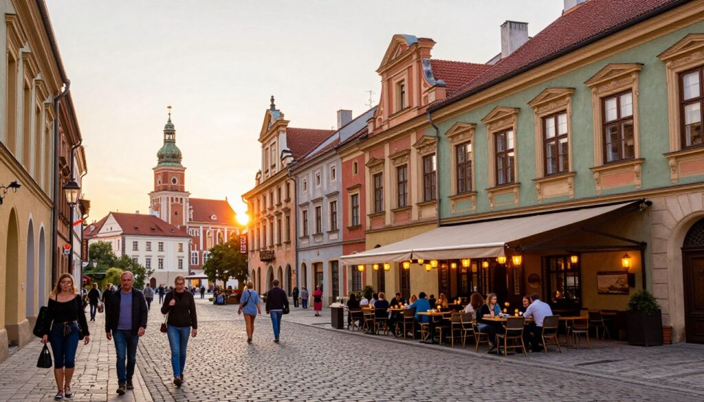 A view of Stary Mieście in Lublin, Poland, showcasing its historic charm. In the foreground, a cobblestone street lined with quaint, colorful buildings featuring ornate facades and wooden shutters. There are people casually walking, dressed in smart casual attire, enjoying the vibrant atmosphere. In the middle ground, a traditional café spills onto the street, with outdoor seating under warm glowing lanterns, inviting a convivial ambiance. The charming architecture reflects the history and culture of the area, with the sun setting behind, casting a golden hue over the scene. The background features a glimpse of the majestic Lublin Castle, adding to the historical essence. The overall mood is lively yet relaxed, capturing the essence of everyday life in this picturesque old town.