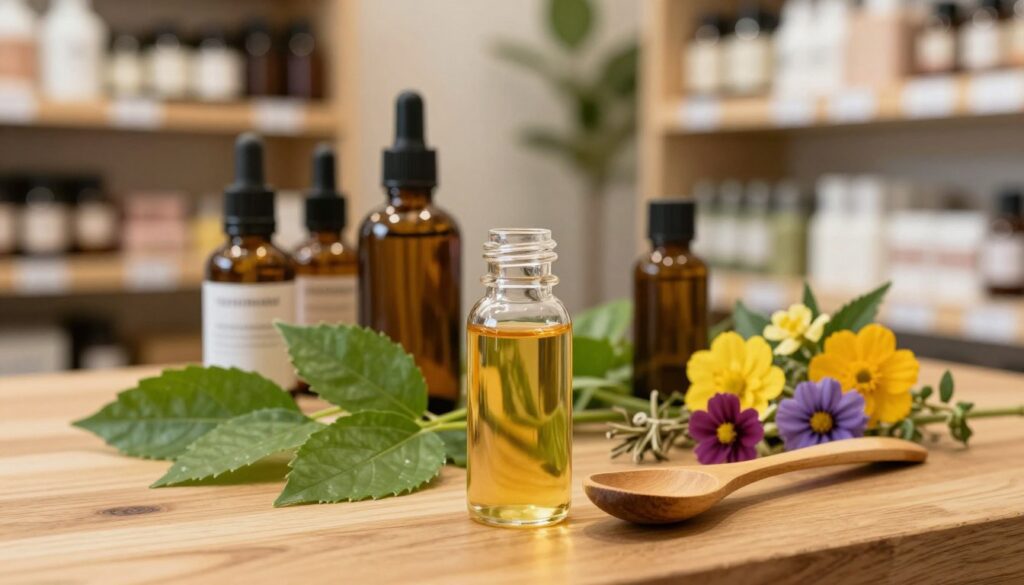 A visually appealing arrangement of hair care ingredients on a wooden table, featuring high-quality bottles of essential oils, natural extracts, and herbs known for promoting hair health. In the foreground, include a sleek glass bottle filled with a rich, golden liquid and a small wooden spoon next to it, hinting at the measured application of the product. The middle ground showcases vibrant green leaves and colorful flowers, symbolizing natural sources of nourishment. In the background, softly blurred shelves lined with neat jars and boxes, creating an inviting atmosphere. The scene is illuminated with warm, natural light, enhancing the organic feel, as if capturing a moment in a professional salon or herbal store. The mood is calm and focused, embodying the essence of quality hair care.