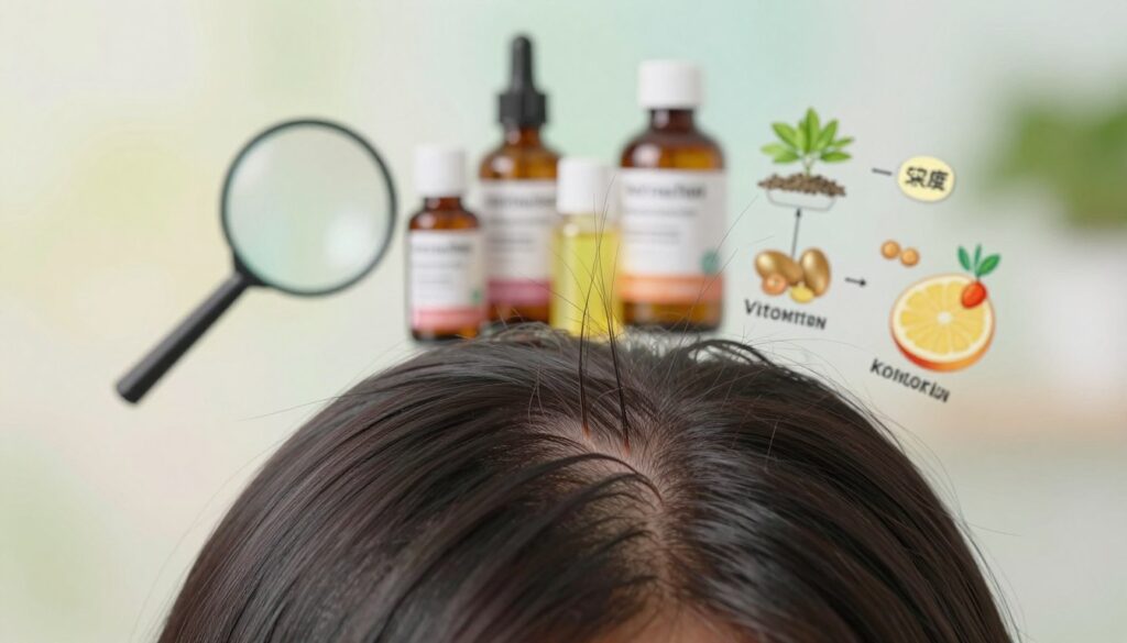 A visually engaging composition illustrating the factors influencing hair growth on the scalp. In the foreground, a close-up of a healthy human scalp showing hair follicles, with strands of hair in various growth stages. In the middle ground, display a collection of scientific elements such as magnifying glasses, growth nutrient bottles, and diagrams highlighting vitamins and proteins critical for hair health. The background should be softly blurred to create a relaxed atmosphere, featuring a subtle gradient that suggests natural light, embodying a sense of growth and vitality. The scene should evoke curiosity and wellness, captured with a shallow depth of field using a soft focus lens at an inviting angle to draw viewers into the theme of hair growth dynamics.