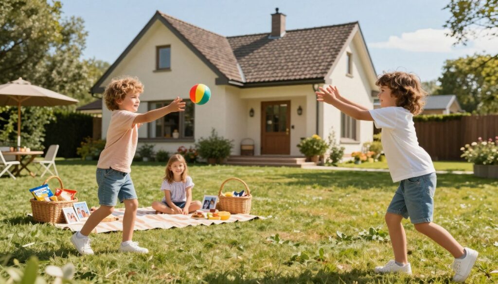 A warm and inviting family scene featuring Tomasz Wolny's children playing in a sunlit backyard. The foreground includes two children, a boy and a girl, joyfully engaged in a game of catch with a colorful ball, both wearing casual, modest clothing. In the middle ground, a neatly arranged picnic area with a picnic blanket, family photos, and a basket filled with snacks, giving a glimpse of family leisure time. In the background, a charming house with a well-maintained garden under a clear blue sky, radiating a peaceful atmosphere. The lighting is bright and natural, capturing the essence of a happy family life outside of the public eye. The image has a warm color palette, evoking feelings of joy and togetherness. A warm and inviting family scene featuring Tomasz Wolny's children playing in a sunlit backyard. The foreground includes two children, a boy and a girl, joyfully engaged in a game of catch with a colorful ball, both wearing casual, modest clothing. In the middle ground, a neatly arranged picnic area with a picnic blanket, family photos, and a basket filled with snacks, giving a glimpse of family leisure time. In the background, a charming house with a well-maintained garden under a clear blue sky, radiating a peaceful atmosphere. The lighting is bright and natural, capturing the essence of a happy family life outside of the public eye. The image has a warm color palette, evoking feelings of joy and togetherness.