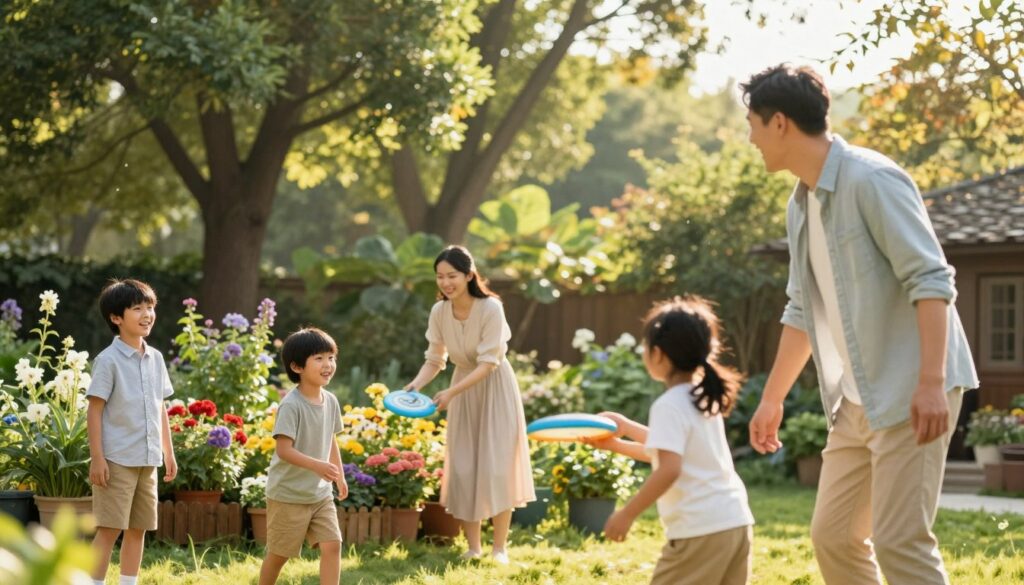A warm and inviting family scene on a sunny afternoon, showcasing a close-knit family gathered in a cozy garden. In the foreground, a father and his children, all smiling and playing with a frisbee, dressed in casual, comfortable clothing. The middle ground features a mother, tending to vibrant flowers in a beautifully maintained garden, wearing a light sundress. Tall, lush trees provide a natural backdrop, with rays of sunlight filtering through the leaves, creating a serene and cheerful atmosphere. The image captures a sense of togetherness and joy in family life, emphasizing a harmonious and loving environment. The focus is soft, evoking warmth and connection in the scene, suggesting a peaceful, idyllic day spent at home.