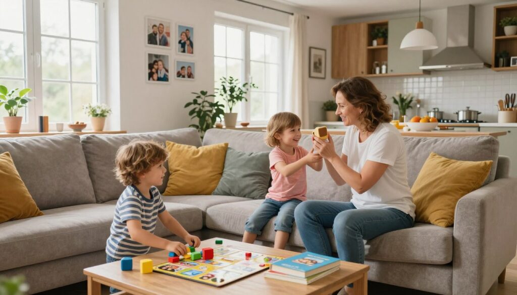 A warm, intimate scene of Cezary Pazura and his wife Edyta enjoying a family moment at home. In the foreground, they are playfully interacting with their two children in a cozy living room filled with soft, natural light coming through large windows. The children are engaged in a creative activity, surrounded by colorful toys and family photos on the walls, showcasing happy memories. In the middle, a plush couch adorned with cheerful cushions invites relaxation, while a coffee table features family board games and books. In the background, a well-decorated kitchen can be seen, hinting at family meals. The overall atmosphere is joyful and vibrant, capturing the essence of family life, with a focus on warmth and togetherness. The scene should evoke feelings of love and unity, featuring the subjects dressed in comfortable yet stylish casual clothing.