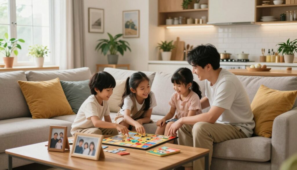 A warm, inviting home interior that represents a serene family life. In the foreground, a comfortable living room with soft lighting, featuring a cozy couch adorned with colorful pillows. A coffee table displays family photos, symbolizing connections and memories. In the middle ground, a family of four, dressed in modest casual clothing, engages in a loving moment, perhaps playing a board game together or sharing laughter. They should embody warmth and togetherness, with joyful expressions. The background reveals a glimpse of a well-lit kitchen, showcasing a nurturing space filled with plants and family-oriented decor. The atmosphere is tranquil and intimate, enhancing the themes of home, family, and privacy in everyday life. Natural light from a window creates a soft glow, adding to the welcoming mood. A warm, inviting home interior that represents a serene family life. In the foreground, a comfortable living room with soft lighting, featuring a cozy couch adorned with colorful pillows. A coffee table displays family photos, symbolizing connections and memories. In the middle ground, a family of four, dressed in modest casual clothing, engages in a loving moment, perhaps playing a board game together or sharing laughter. They should embody warmth and togetherness, with joyful expressions. The background reveals a glimpse of a well-lit kitchen, showcasing a nurturing space filled with plants and family-oriented decor. The atmosphere is tranquil and intimate, enhancing the themes of home, family, and privacy in everyday life. Natural light from a window creates a soft glow, adding to the welcoming mood.