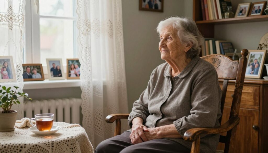 A warm, inviting scene featuring an elderly woman, symbolizing "matką babcią," sitting on a rustic wooden chair in a cozy living room filled with family photographs and memories. She is dressed in modest, comfortable clothing, with gentle wrinkles that tell stories of love and wisdom. In the foreground, there are delicate knitted blankets and a small table with a cup of tea. In the middle ground, soft sunlight filters through a window adorned with lace curtains, creating a serene atmosphere that evokes nostalgia. The background shows shelves filled with books and keepsakes, enhancing the familial warmth. The image captures a sense of comfort and reflection, emphasizing the importance of family in the artist's life. Soft, natural lighting creates a peaceful mood, while the angle highlights the woman's serene expression and the intimate setting.