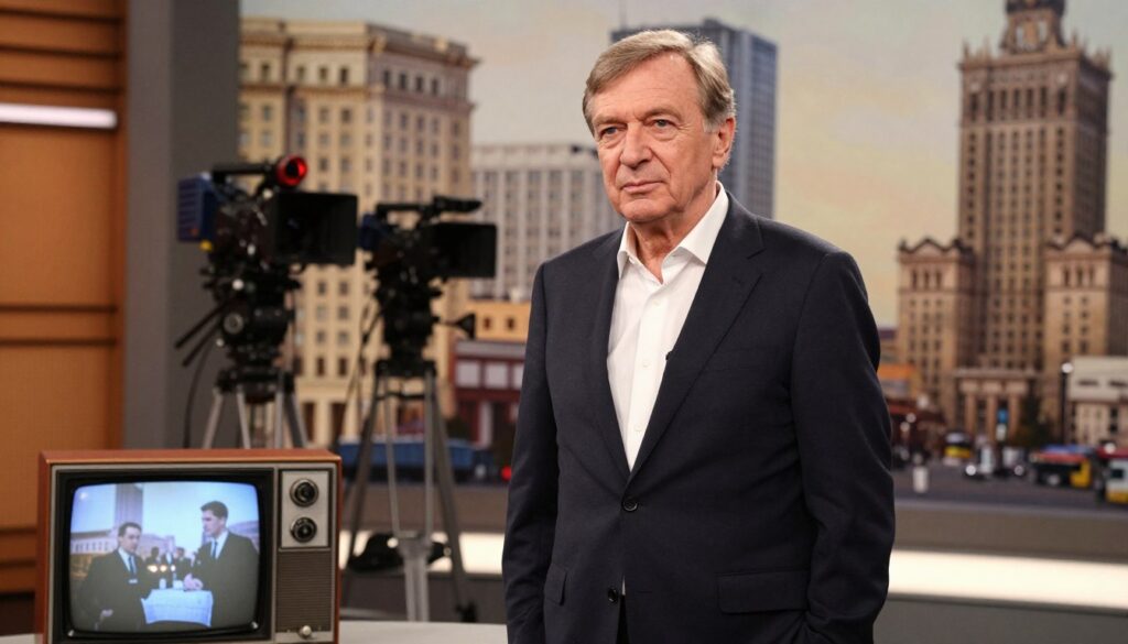 A well-dressed middle-aged man, embodying the character of Bogusław Wołoszański, stands confidently in front of an iconic Warsaw television studio backdrop. His thoughtful expression suggests a deep knowledge of history, reflecting his role as a prominent television figure. The foreground features a vintage television set displaying glimpses of a historical documentary. In the middle ground, the studio's equipment hints at a production environment, with cameras and lights softly illuminating the scene. The background captures the essence of 20th-century Warsaw architecture, blending modern and classic elements. Warm, ambient lighting enhances the inviting atmosphere, while a slightly blurred focus on the cityscape adds depth. The composition conveys a sense of nostalgia and professionalism, perfectly aligning with his impactful work in historical media.