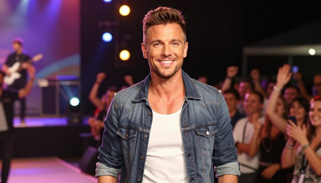 Andrzej Marcysiak, known as "Andre," stands confidently in the foreground, wearing stylish casual attire that reflects his vibrant personality. His expression exudes charisma and approachability, capturing the essence of a popular disco polo artist. The middle ground features a lively stage setting, with colorful lights and subtle hints of musical instruments, creating an energetic atmosphere. In the background, an audience is lightly blurred to emphasize the connection between the artist and his fans, celebrating his influence in the disco polo genre. The lighting is warm and inviting, reflecting a festive ambiance. The composition is shot at eye level, with a slight depth of field to focus on Marcysiak while softly blurring the background, evoking a sense of intimacy and excitement.