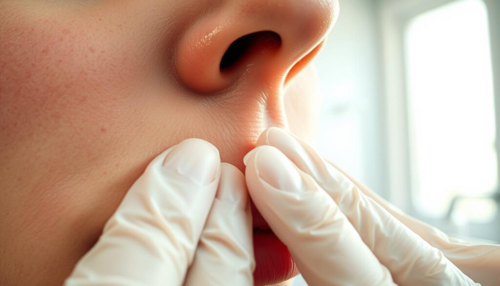 Close-up of a person's nose with visible blackheads being gently pressed, illustrating the act of extracting them. The foreground captures the details of skin texture and the sheen of oils, emphasizing the unhygienic nature of the process. In the middle ground, a pair of clean hands wearing simple latex gloves is shown attempting to remove the blackheads, conveying a sense of carelessness in technique. The background features a soft, blurred bathroom setting with bright, diffused natural light filtering in, creating a clean and clinical atmosphere. The overall mood suggests a cautionary tale about the potential damage of squeezing blackheads, with an emphasis on the risk of enlarged pores. The composition should be sharp and detailed, with a slight depth of field to focus on the action.