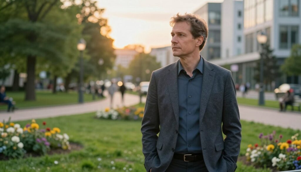 Filip Gurłacz, a well-known Polish actor, stands pensively in a serene, urban park setting during the golden hour, with soft sunlight casting a warm glow. He is dressed in smart casual attire, featuring a tailored blazer over a fitted shirt, exuding a professional yet approachable aura. In the foreground, lush green grass and blooming flowers frame him, while the midground reveals a tranquil path lined with trees. The background highlights modern architecture, symbolizing the urban landscape where he works. The image conveys a reflective mood, suggesting the themes of home and community, with subtly blurred edges to create a depth of field effect, emphasizing Gurłacz's contemplative expression as he gazes thoughtfully into the distance. Filip Gurłacz, a well-known Polish actor, stands pensively in a serene, urban park setting during the golden hour, with soft sunlight casting a warm glow. He is dressed in smart casual attire, featuring a tailored blazer over a fitted shirt, exuding a professional yet approachable aura. In the foreground, lush green grass and blooming flowers frame him, while the midground reveals a tranquil path lined with trees. The background highlights modern architecture, symbolizing the urban landscape where he works. The image conveys a reflective mood, suggesting the themes of home and community, with subtly blurred edges to create a depth of field effect, emphasizing Gurłacz's contemplative expression as he gazes thoughtfully into the distance.